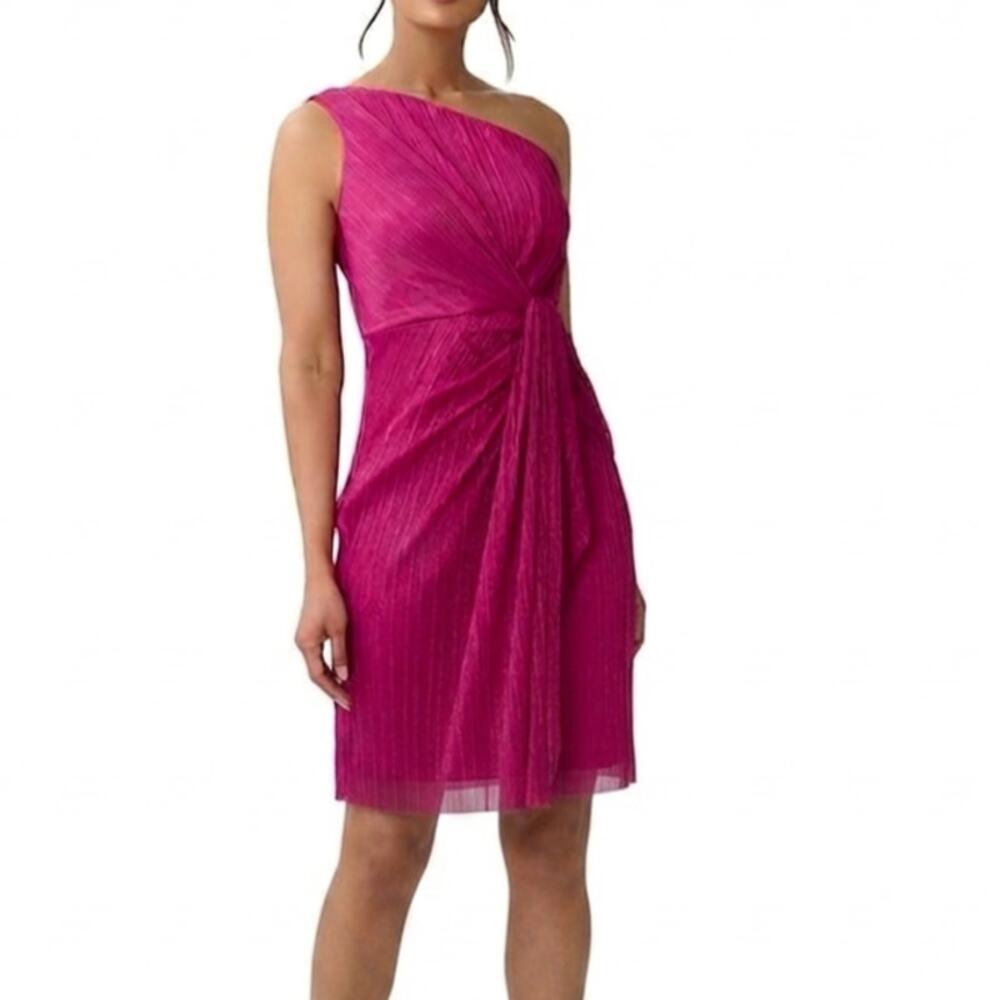 Sz 8P ADRIANNA PAPELL Fuchsia Stardust Metallic Crepe One-shoulder Formal Gown
